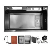 JETXYHUB Fregadero individual grande de acero inoxidable de 85 x 45 cm con caja para cuchillos, fregadero de cocina cascada, grifo con indicador de temperatura, fregadero nano de verduras hecho a mano