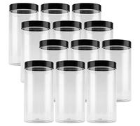 JEUIHAU Paquete de 12 tarros de plástico de 1000 ml con tapas negras, tarros de plástico redondos transparentes de boca ancha para alimentos, granos, especias y dulces