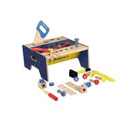 JEUJURA 8597 - Banco de Madera con 5 Herramientas y Accesorios de Bricolaje, Juego Infantil a Partir de 3 años, con Martillo, Sierra, Destornillador, Llave y tornillería