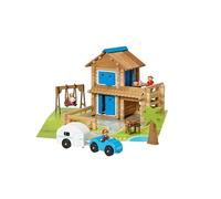 JEUJURA - Casa de Vacaciones - 185 Piezas - Juego de construcción de Madera a Partir de 5 años - Coche, Caravana y Accesorio - Casa de construcción con Alfombra de Juego - Fabricado en Francia - 8017