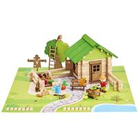 Jeujura Maison et Jardin 135 Pieces - Juego de construcción de Madera Natural, alfombras y Accesorios incluidos, 32 x 27 x 11 cm