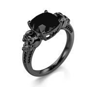 Jeulia Anillos de compromiso con diseño de calavera, amor eterno, gótico, negro, plata de ley con diamante de corte cojín, anillos de boda para Halloween, clásicos, retro, regalos para mujeres