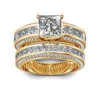 Jeulia Plata de Ley Juego de Anillos para Mujer 4 Puntas Diamantes Anillos Juego Con Corte Princesa Joyas para Novia Anillo de Bodas Compromiso Oro amarillo 28.5