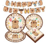 JeVenis Capybara Decoración de fiesta Capybara Cumpleaños Banner Fiesta Vajilla Suministros Platos Servilletas Sirve 10 para Niños Regalos de Fiesta de Cumpleaños