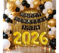 JeVenis Cartel de Feliz Año Nuevo Cheers to 2026 Globos telón de fondo Feliz Año Nuevo Guirnalda Bandera Año Nuevo Signo Fiesta Suministros Cortina Dorada