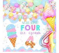 JeVenis Decoración de cumpleaños de helado 4th We All Scream 4, decoración de cumpleaños con purpurina, guirnalda para fiesta temática de verano