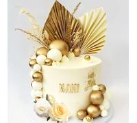 JeVenis Decoración de pastel de rosa champán, bolas de decoración de pasteles, hojas de palma doradas, decoración de pasteles, decoración de pasteles bohemios, decoración de pastel de bola de oro