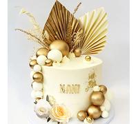 JeVenis Decoracion de Tarta Rosa Champagne - Bolas y Hojas de Palma Doradas - Decoracion Bohemia Boho