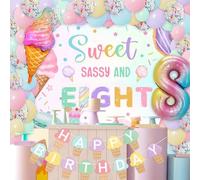 JeVenis Decoraciones de cumpleaños para niñas de 8 años, suministros de fiesta temática de helado con telón de fondo, globos y donas