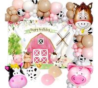 JeVenis decorazioni di compleanno con animali della fattoria rosa decorazioni a tema aia della fattoria per ragazze striscione con palloncini mucca maiale cavallo forniture per feste di fattoria