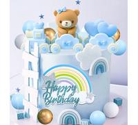 JeVenis oso azul decoracion de tarta decoracion de tarta tren de osos bolas de oro azules decoración de tarta de cumpleaños babyshower