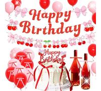 JeVenis Pancarta de fondo de cumpleaños con diseño de cereza, con texto en inglés "She's The Cherry on Top", globos temáticos de cereza, decoración de