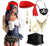 JeVenis pirate costume accessories set pirate headband wrap eye patch earring necklace waist belt halloween captain pirate costume carnival music festival outfit