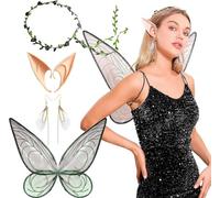 JeVenis Sexy Hada Alas para Adultos Alas de Hada Negras Disfraz de Hada para Mujer Elf Orejas Floral Diadema Corona Hada Alas Pendientes