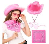 JeVenis sombrero de vaquero rosa gafas de corazones rosa vaquero disfraz mujer para carnaval fiesta mujer bandana boa de mujeres despedida de soltera halloween
