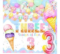 JeVenis Tres cucharadas de divertidas decoraciones de cumpleaños para niñas, tres globos tan dulces, decoración de tercer cumpleaños para niña, tema de helado de verano