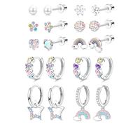 JeweBella 10 Pares Pendientes Mujer Acero Quirúrgico Rosa Multicolores Pendientes Aro Colgantes Juego Lindos Corazón Estrella Flor Mariposa Hipoalergénicos Pendientes Niña Plata
