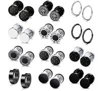 JeweBella 12 Pares Pendientes de Aro Para Hombres y Mujeres - Acero Inoxidable Negro, Rune, Punk Clásico, Hipoalergénico, Piercing Cartílago - Juego de Plata