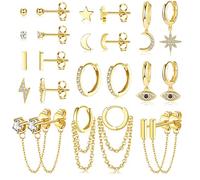 JeweBella 12Paia Pequeños Pendientes Mujer Mini Pendientes Aro Colgantes con Cadena Acero inoxidable Luna Estrella Pendientes Hipoalergénico Zircon Mal de ojo Pendientes Conjunto Oro/Plata