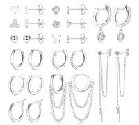 JeweBella 13Pares Pequeños Pendientes Mujer Acero Quirurgico Hipoalergénico Mini Pendientes Aro Colgantes con Cadena Pendientes Corazón Zircon Pendientes Conjunto Oro/Plata