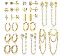 JeweBella 13Pares Pequeños Pendientes Mujer Acero Quirurgico Hipoalergénico Mini Pendientes Aro Colgantes con Cadena Pendientes Corazón Zircon Pendientes Conjunto Oro/Plata