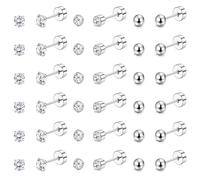 JeweBella 18 Pares Pendientes Pequeños Mujer Acero Inoxidable Bola Circonita Cúbica Pendientes Tuerca Planos Hipoalergénicos Piercing Oreja Plata 2mm/3mm/4mm
