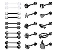 JeweBella 20 Piezas 14G Piercing Lengua para Mujer Hombre Acero Quirúrgico Piercing Pezón Piercing Lengua Plata/Negro Piercing Barra Joyería 16mm