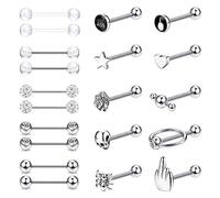 JeweBella 20 Piezas 14G Piercing Lengua para Mujer Hombre Acero Quirúrgico Piercing Pezón Piercing Lengua Plata/Negro Piercing Barra Joyería 16mm