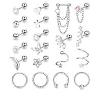 JeweBella 20 Piezas 16G Pendientes Cartílago Plata/Oro Piercing Oreja Acero Quirurgico para Mujer Pluma Estrella Corazón Aro Pendientes Conjunto Piercing Oreja Helix Tragus Conch