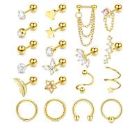JeweBella 20 Piezas 16G Pendientes Cartílago Plata/Oro Piercing Oreja Acero Quirurgico para Mujer Pluma Estrella Corazón Aro Pendientes Conjunto Piercing Oreja Helix Tragus Conch