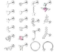 JeweBella 20Pcs Pendientes Mujer Acero Quirurgico Piercing Oreja Plata Oro Corazón Estrella Luna Mariposa Serpiente Pendientes Juego Piercing Helix Tragus Conch Daith
