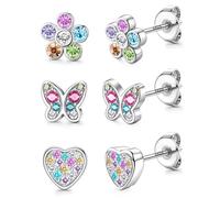 JeweBella 3 Pares Pendientes Niña Plata de Ley 925 Pendientes Hipoalergenicos Pendientes Mariposa Flor Corazón Pequeño Pendientes de Aretes Lindo Pendientes Plata de Ley 925 Niña Mujer Plata/Oro
