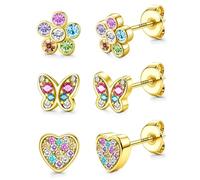 JeweBella 3 Pares Pendientes Niña Plata de Ley 925 Pendientes Hipoalergenicos Pendientes Mariposa Flor Corazón Pequeño Pendientes de Aretes Lindo Pendientes Plata de Ley 925 Niña Mujer Plata/Oro