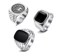 JeweBella 3 Piezas Anillo Hombres Sello Acero Inoxidable Vintage Punk Biker Anillos Conjunto Gótico Corona Anillos Joyería para Hombres Mujeres Tamaño 14-30