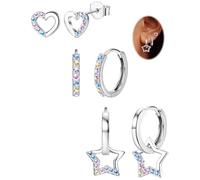JeweBella 3Pares Pendientes Mujer Plata 925 Aguja Hipoalergénicos Pendientes Mujer Niña Pendientes Corazón Zircon Pendientes Aro Estrella Pendientes Aro con Colgante Juego de Pendientes Niña Plata