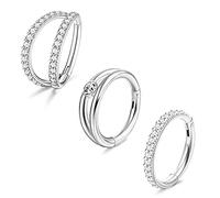 JeweBella 3PCS 16G 316L Acero Qirurgico Body Piercing Helix Segmento Clicker Clear CZ Pavimentado Cartílago Pendientes Aro Tragus Daith Nariz Piercing para Mujer Hombre 8-10MM
