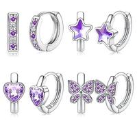 JeweBella 4 Pares Pequeños Pendientes Aro Plata para Mujer Niñas Antialérgicos Pendientes Corazón Mariposa Estrella Zirconia Pendientes de Aro Cartílago Juego de Joyas Regalos para Mujer y Niñas