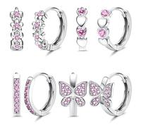JeweBella 4 Pares Pequeños Pendientes de Aro para Mujer Niñas Hipoalergénico Pendientes Flores Corazón Mariposa Zirconia Pendientes Aro Huggie de 925 Agujas de Plata Juego de Pendientes Joyas Regalo