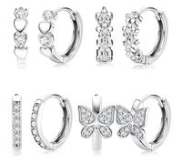 JeweBella 4 Pares Pequeños Pendientes de Aro para Mujer Niñas Hipoalergénico Pendientes Flores Corazón Mariposa Zirconia Pendientes Aro Huggie de 925 Agujas de Plata Juego de Pendientes Joyas Regalo