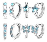 JeweBella 4 Pares Pequeños Pendientes de Aro Plata para Mujeres Niñas Rosa/Azul Corazón Mariposa Estrella Zirconia Pendientes de Aro Hipoalergénico Juego de Pendientes Cartílago Huggie Joyería