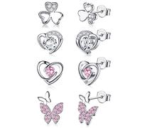 JeweBella 4Pares Pendientes Plata para Mujeres Niñas Hipoalergeniños Plata de Ley 925 Aguja Pendientes Corazón Mariposa Circonita Cúbica Púrpura/Rosa Juego de Pendientes Bebe Niña Cartílago