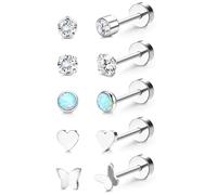 JeweBella 5 Pares Pequeños Pendientes Titanio G23 para Mujer Hombre Hipoalergénicos Pendientes Cartílago Pendientes de Espalda Plana Juego de Helix Piercing Pendientes Circonitas Turquesa Ópalo