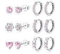 JeweBella 6Pares Pequeños Pendientes para Mujeres Niñas Plata de Ley 925 Aguja Pendientes de Aro Corazón Flor Circón Juego de Pendientes Bebe Niña Hipoalergeniños Cartílago