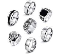 JeweBella 7 Piezas Anillo Hombre Acero Inoxidable Anillos Plata Pulida Nudo Celt Anillos Vintage Anillo Sello Grande Clásico Negro Conjunto de Anillos Grabado Goticos para Hombres