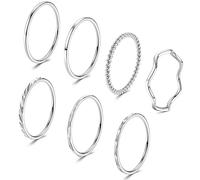 JeweBella 7 Piezas Anillos Mujeres Acero Inoxidable 1MM Delgado Nudillo Midi Twist Plata Apilable Minimalista Pulgar Banda Set para Mujeres Niñas