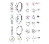 JeweBella 9 Pares Pequenos Pendientes para Niña Mujeres Hipoalergenicos Acero Quirurgico Screwback Multicolor Mariposa Flor Corazón Gatito Estrella Perla CZ Conjunto de Aretes de Plata