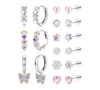 JeweBella 9 Pares Pequenos Pendientes para Niña Mujeres Hipoalergenicos Acero Quirurgico Screwback Multicolor Mariposa Flor Corazón Gatito Estrella Perla CZ Conjunto de Aretes de Plata