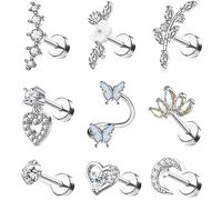 JeweBella 9PCS 16G Pendientes Cartílago Acero Quirúrgico para Mujer Helix Piercing Labret Barbell Nariz Circonita Luna Mariposa Pendientes Piercing Oreja Conch Daith Tragus Piercing Joyería Plata/Oro