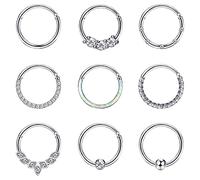 JeweBella 9PCS 16G Piercing Nariz Acero Quirurgico Septum Piercing Oreja Cartílago Pendientes de Aro Mujeres CZ Opalo Piercing Nariz Aro Plata Labio Concha Daith Helix Tragus Piercing Joyería 8/10MM