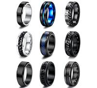 JeweBella 9PCS Anillos Hombre Acero Inoxidable Anillo Cadena Negro Juego de Anillos Plata Hombre Anillo Azul Dragón Celta Rings Vikingo Vintage Rings Gótico Punk Hombres Tamaño 14-30